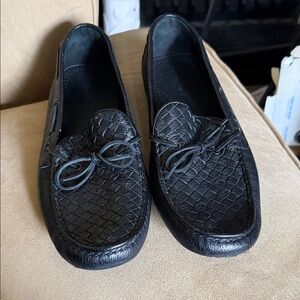 Bottega Veneta Black Woven Leather Bow Loafers